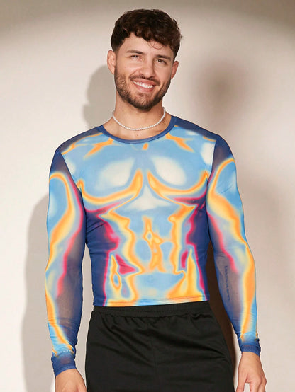 FeverCity Men Body Heat Map Graphic Print Sheer Mesh Funny Long Sleeve Tee, Boyfriend Gift, Going Out, Summer, Fall