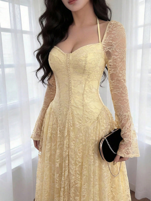 Feyla Women's Elegant Party Solid Color Lace Dress