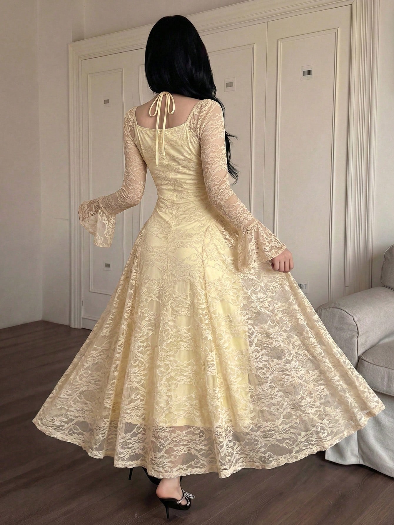 Feyla Women's Elegant Party Solid Color Lace Dress