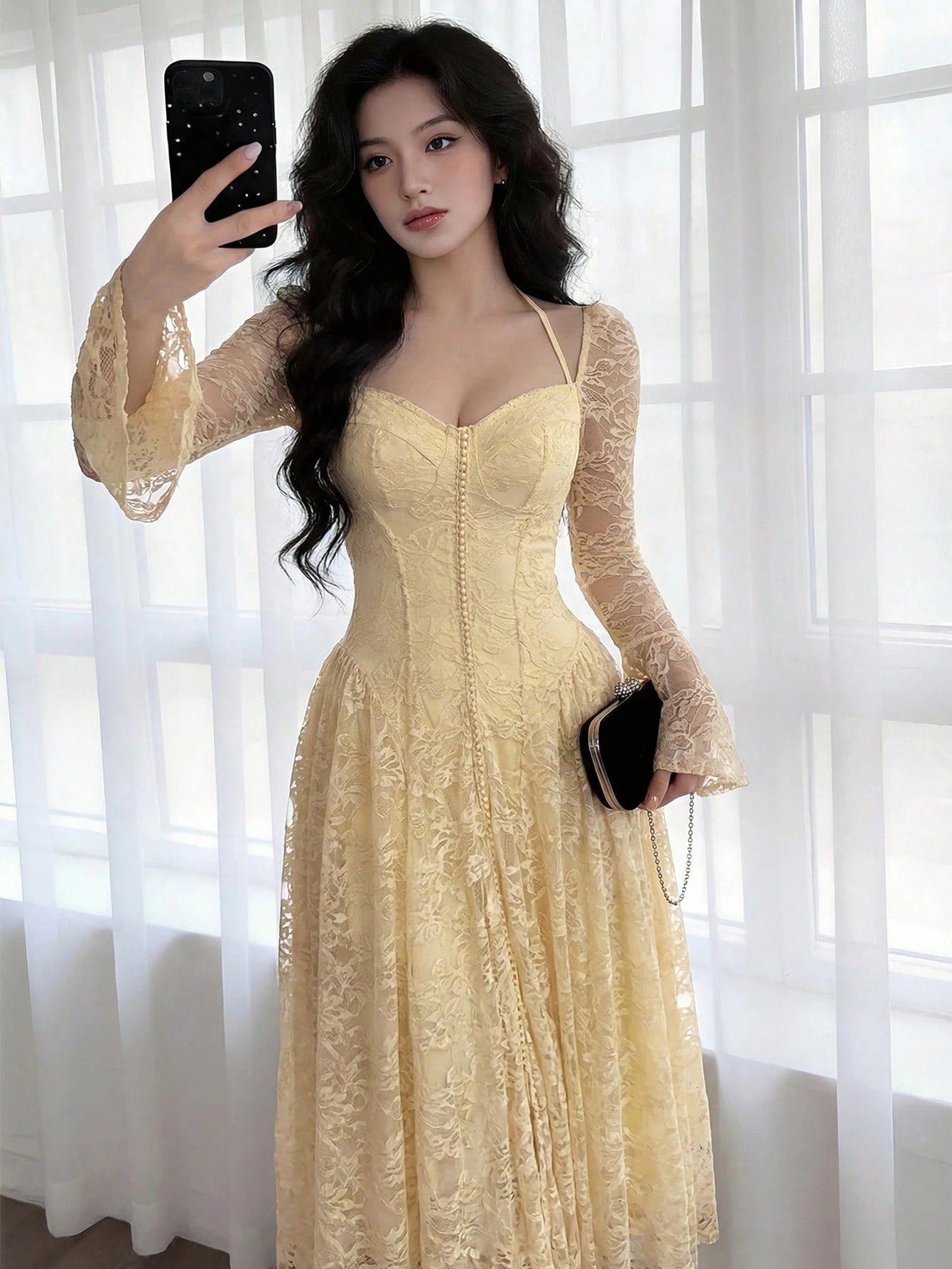 Feyla Women's Elegant Party Solid Color Lace Dress
