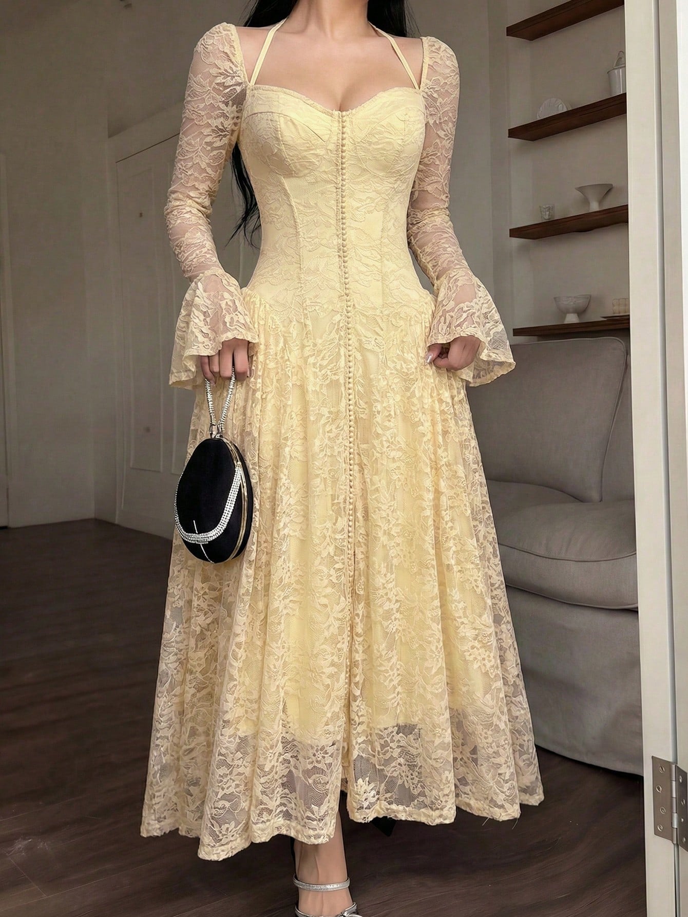 Feyla Women's Elegant Party Solid Color Lace Dress