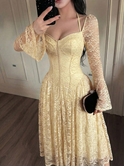 Feyla Women's Elegant Party Solid Color Lace Dress