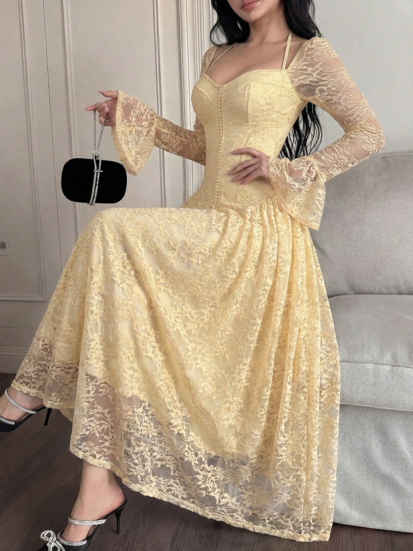 Feyla Women's Elegant Party Solid Color Lace Dress