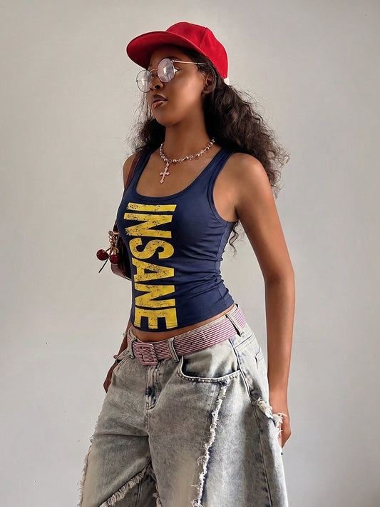 Fiercella Fiercella Women's Spring/Summer U-Neck White Wasteland Style Print Fitted Comfortable Streetwear Y2K Hot Girl Rock Sexy Tank Top