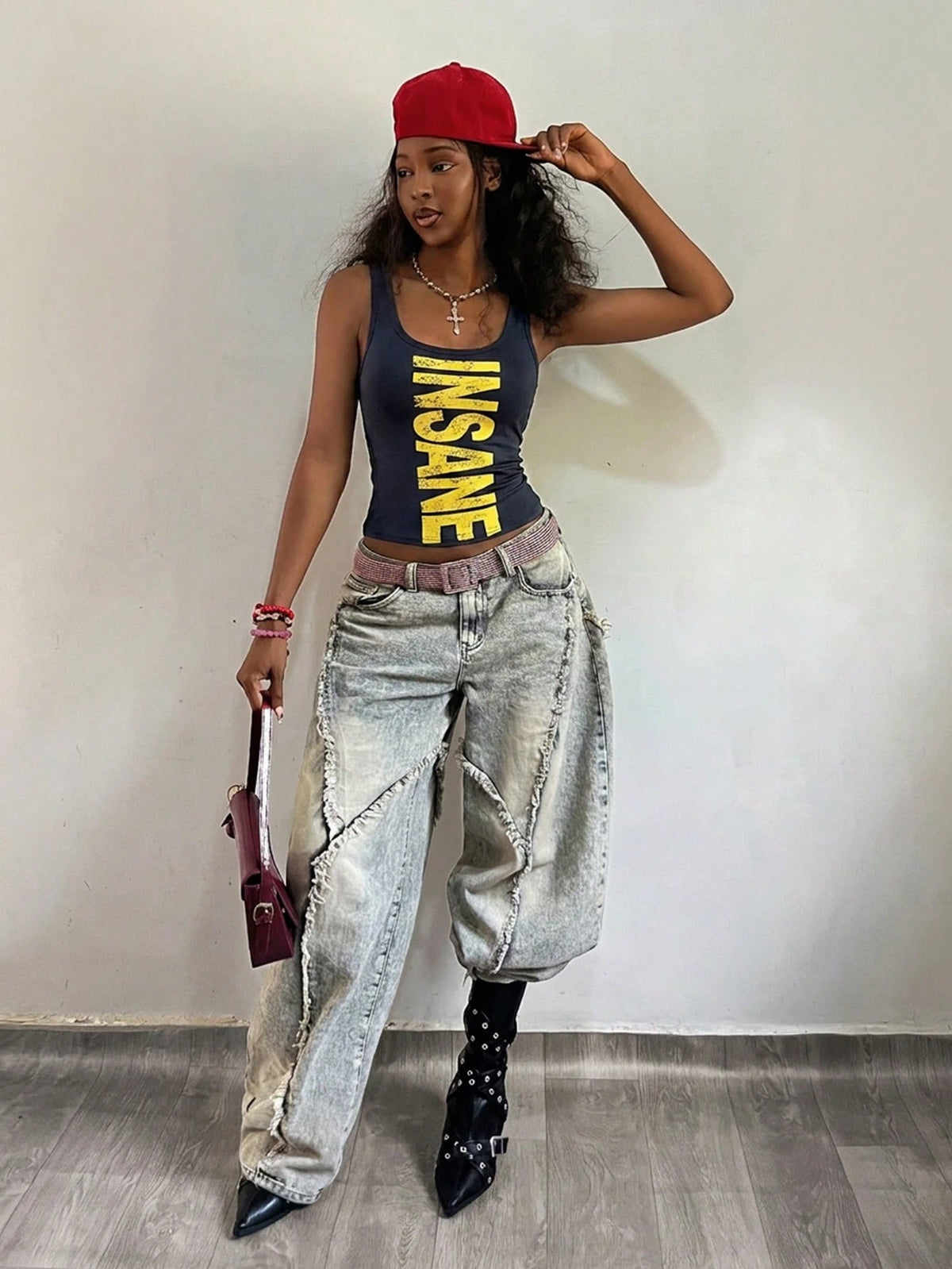 Fiercella Fiercella Women's Spring/Summer U-Neck White Wasteland Style Print Fitted Comfortable Streetwear Y2K Hot Girl Rock Sexy Tank Top