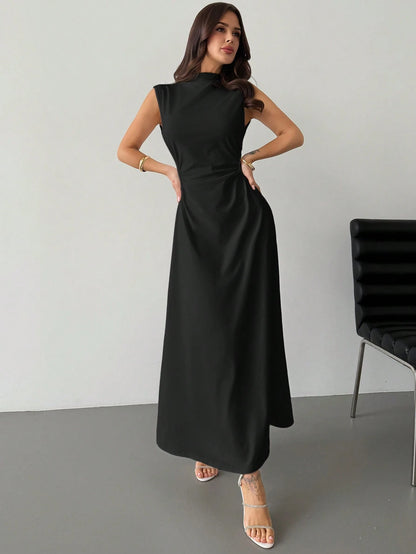 Firerie Elegant & Romantic White Ruched A-Line Maxi Dress With Stand Collar, Sleeveless & Waist Cinched, Suitable For Date, Daily Commute,Bodycon Dress