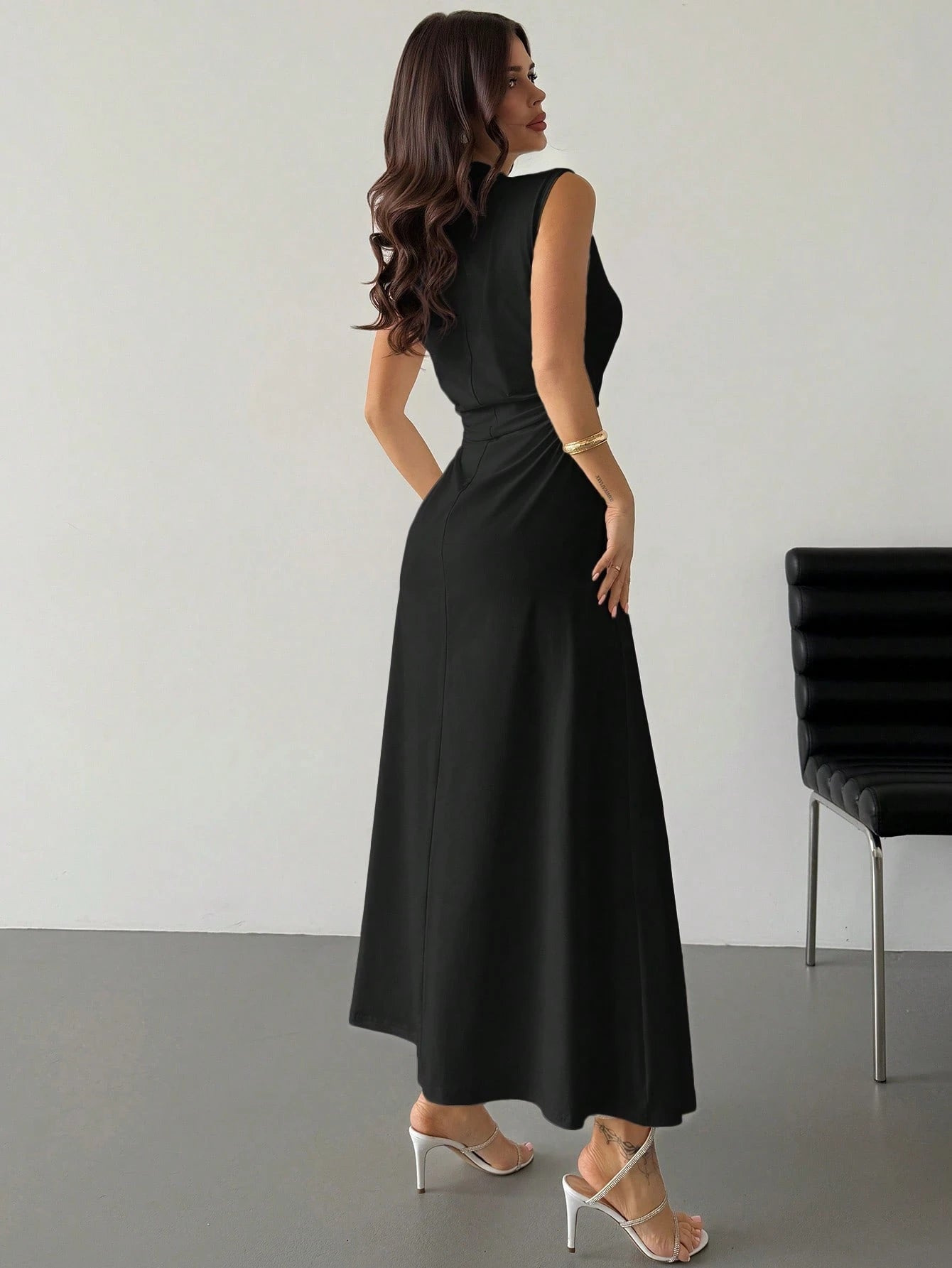 Firerie Elegant & Romantic White Ruched A-Line Maxi Dress With Stand Collar, Sleeveless & Waist Cinched, Suitable For Date, Daily Commute,Bodycon Dress