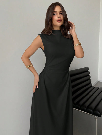 Firerie Elegant & Romantic White Ruched A-Line Maxi Dress With Stand Collar, Sleeveless & Waist Cinched, Suitable For Date, Daily Commute,Bodycon Dress