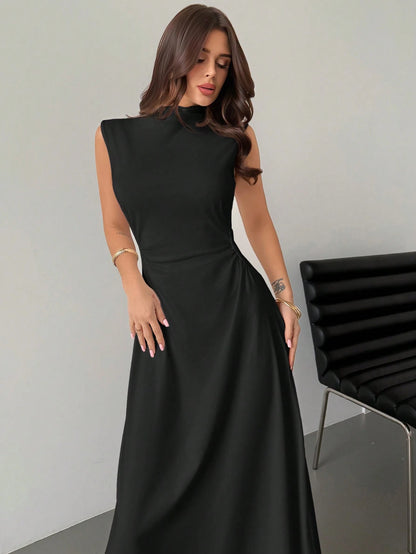 Firerie Elegant & Romantic White Ruched A-Line Maxi Dress With Stand Collar, Sleeveless & Waist Cinched, Suitable For Date, Daily Commute,Bodycon Dress