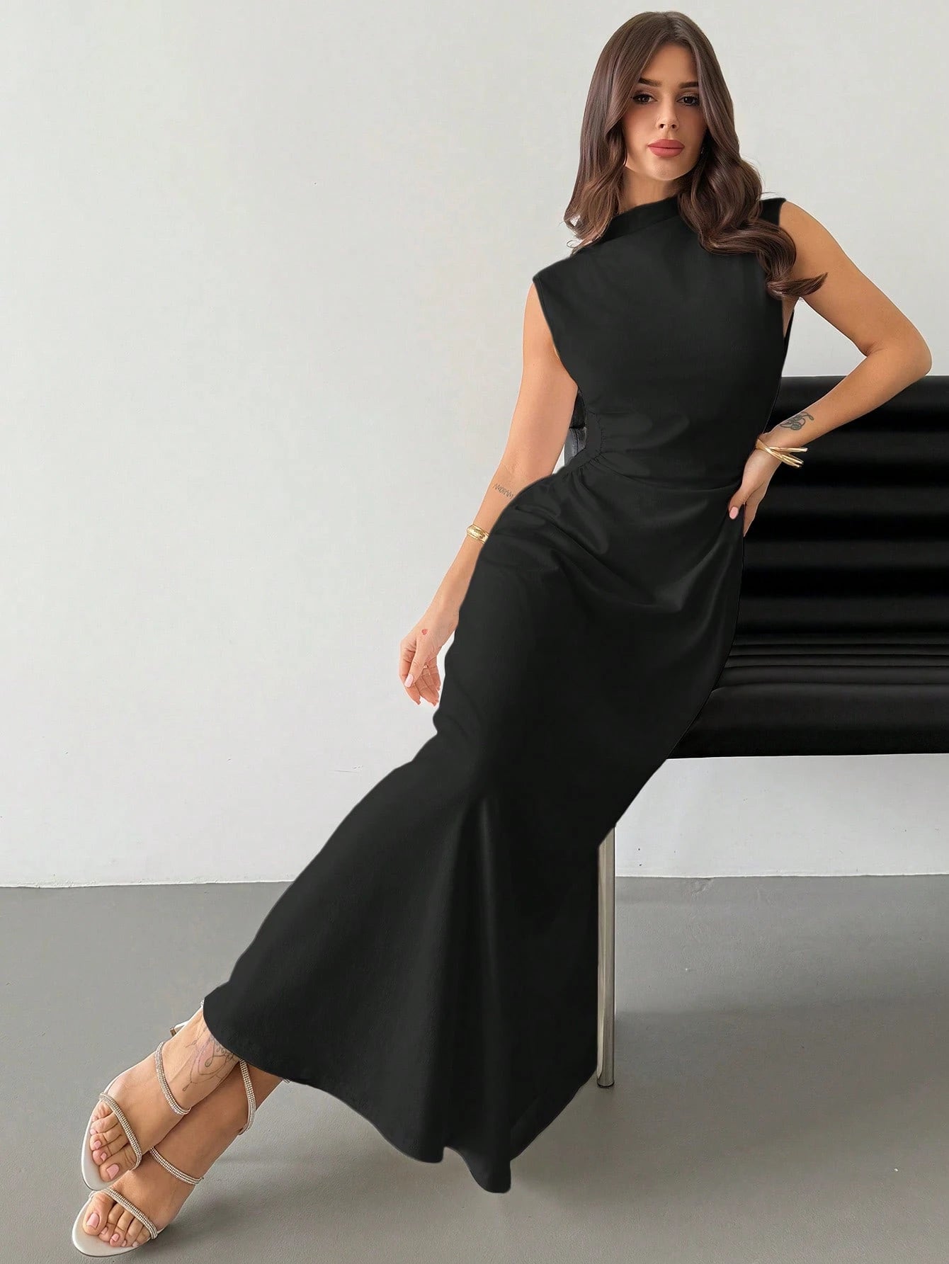 Firerie Elegant & Romantic White Ruched A-Line Maxi Dress With Stand Collar, Sleeveless & Waist Cinched, Suitable For Date, Daily Commute,Bodycon Dress