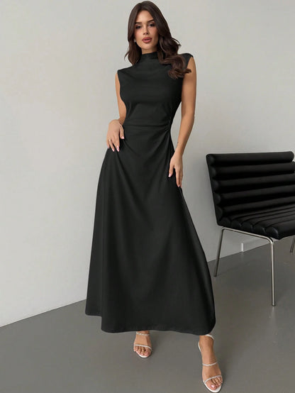 Firerie Elegant & Romantic White Ruched A-Line Maxi Dress With Stand Collar, Sleeveless & Waist Cinched, Suitable For Date, Daily Commute,Bodycon Dress