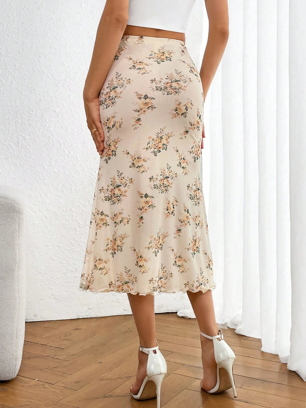 Firerie Ladies' Floral Print Elastic Waistband Mesh Skirt With Mermaid Hem