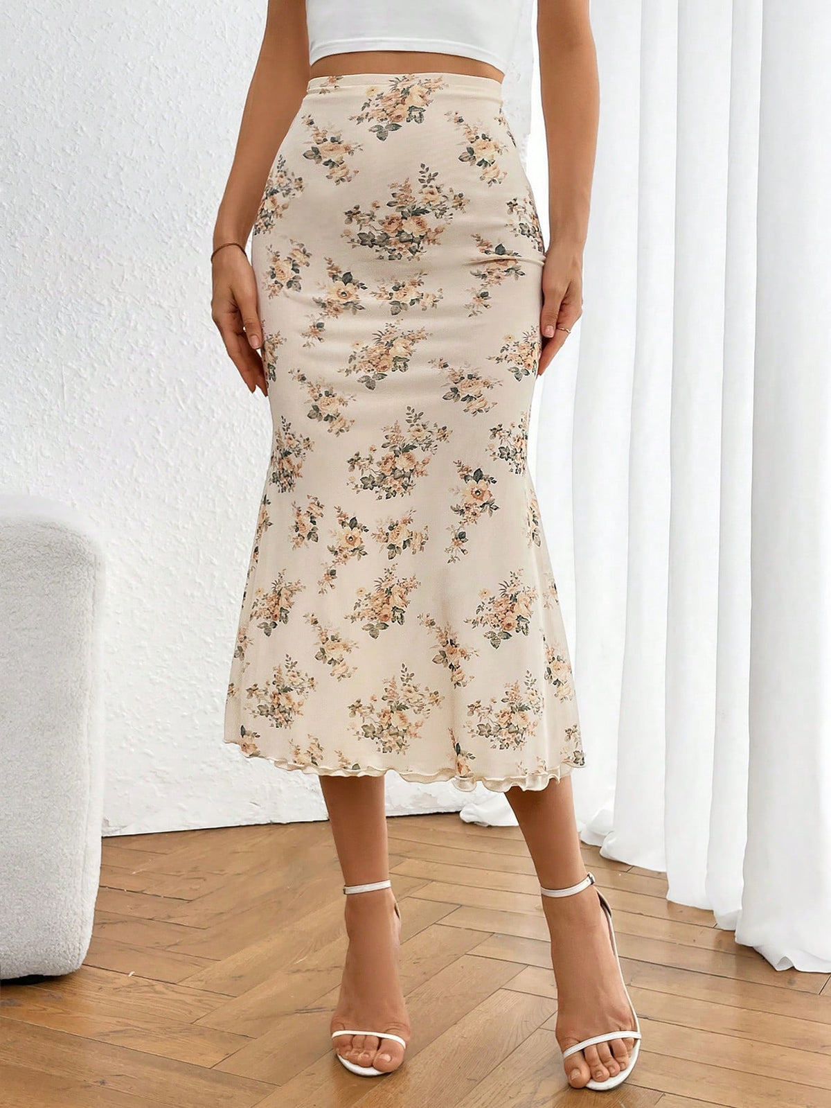 Firerie Ladies' Floral Print Elastic Waistband Mesh Skirt With Mermaid Hem