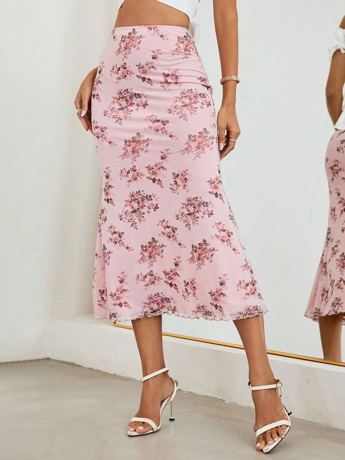Firerie Ladies' Floral Print Elastic Waistband Mesh Skirt With Mermaid Hem