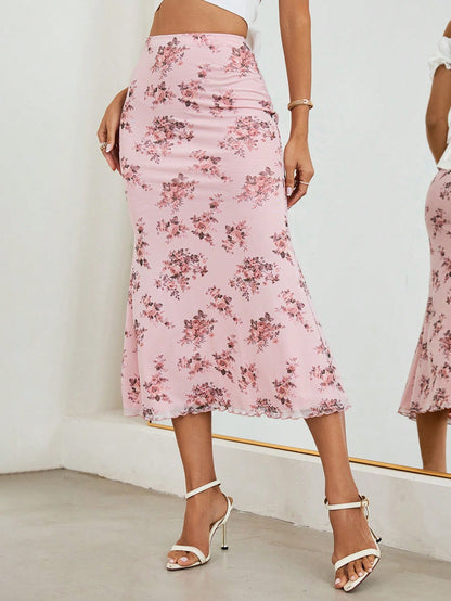 Firerie Ladies' Floral Print Elastic Waistband Mesh Skirt With Mermaid Hem