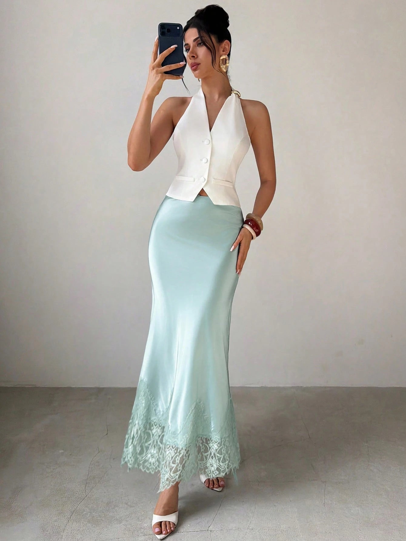 Firerie Summer Elegant Party Light Green High Waist Lace Patchwork Skirt For Women, Exquisite Minimalist Fashion Versatile Commuter Daily Date Skirt