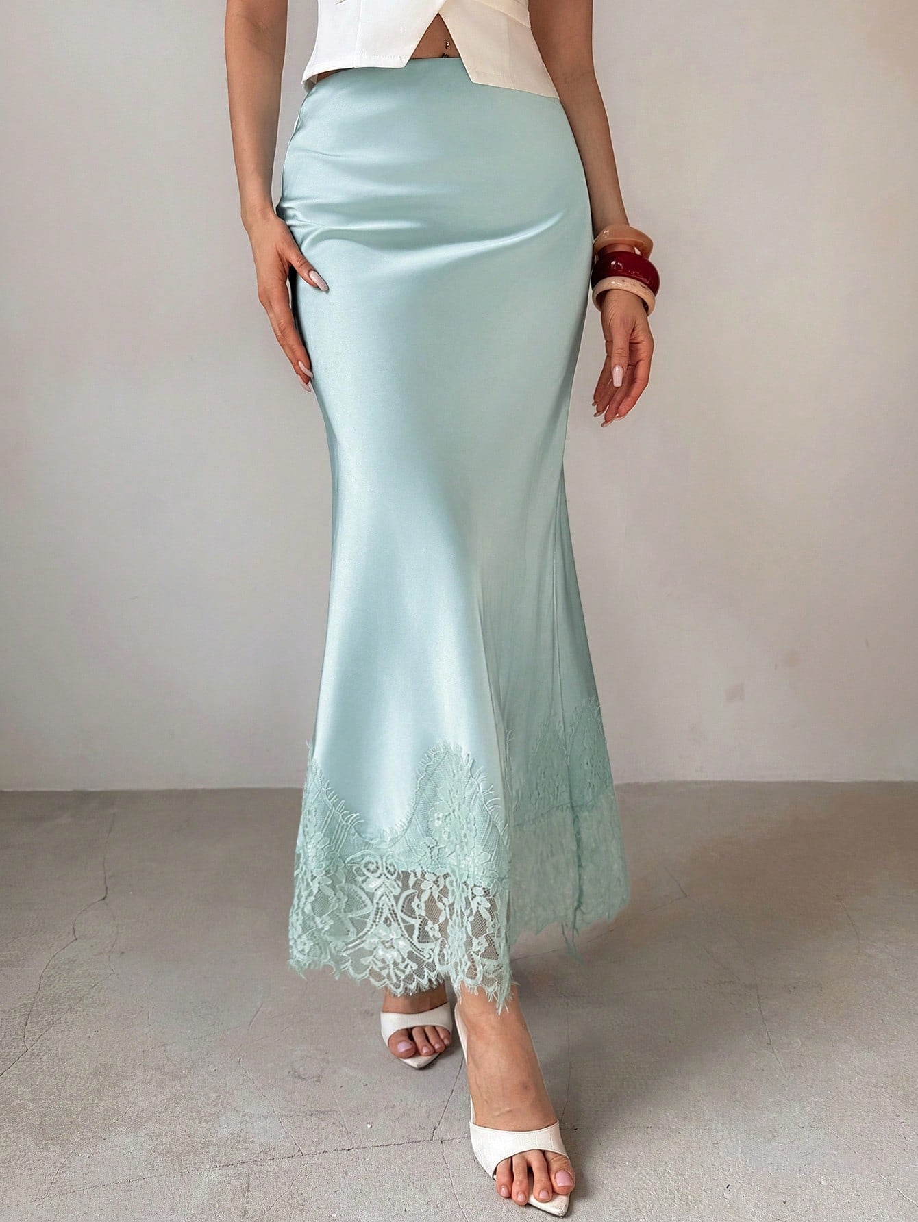 Firerie Summer Elegant Party Light Green High Waist Lace Patchwork Skirt For Women, Exquisite Minimalist Fashion Versatile Commuter Daily Date Skirt