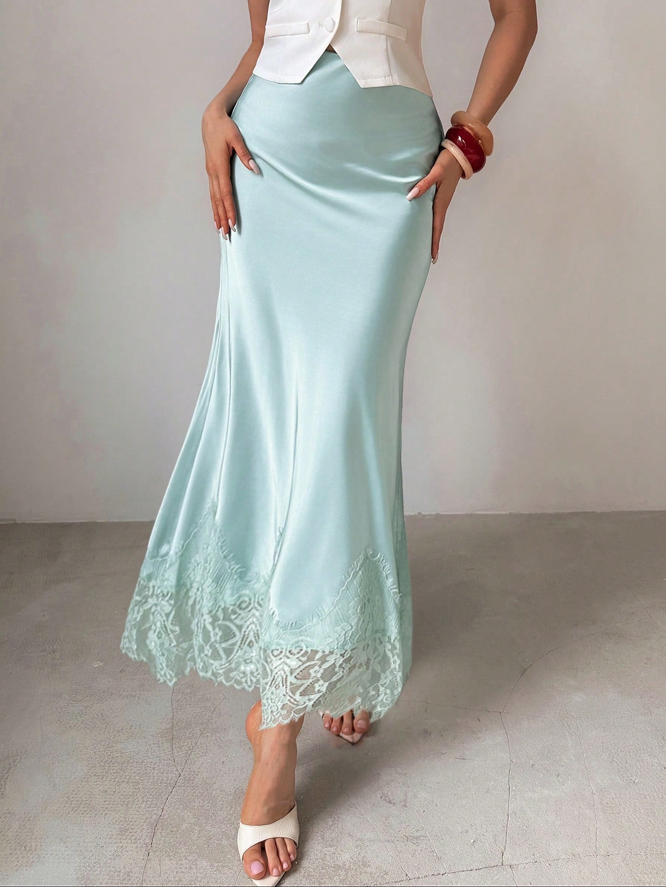 Firerie Summer Elegant Party Light Green High Waist Lace Patchwork Skirt For Women, Exquisite Minimalist Fashion Versatile Commuter Daily Date Skirt