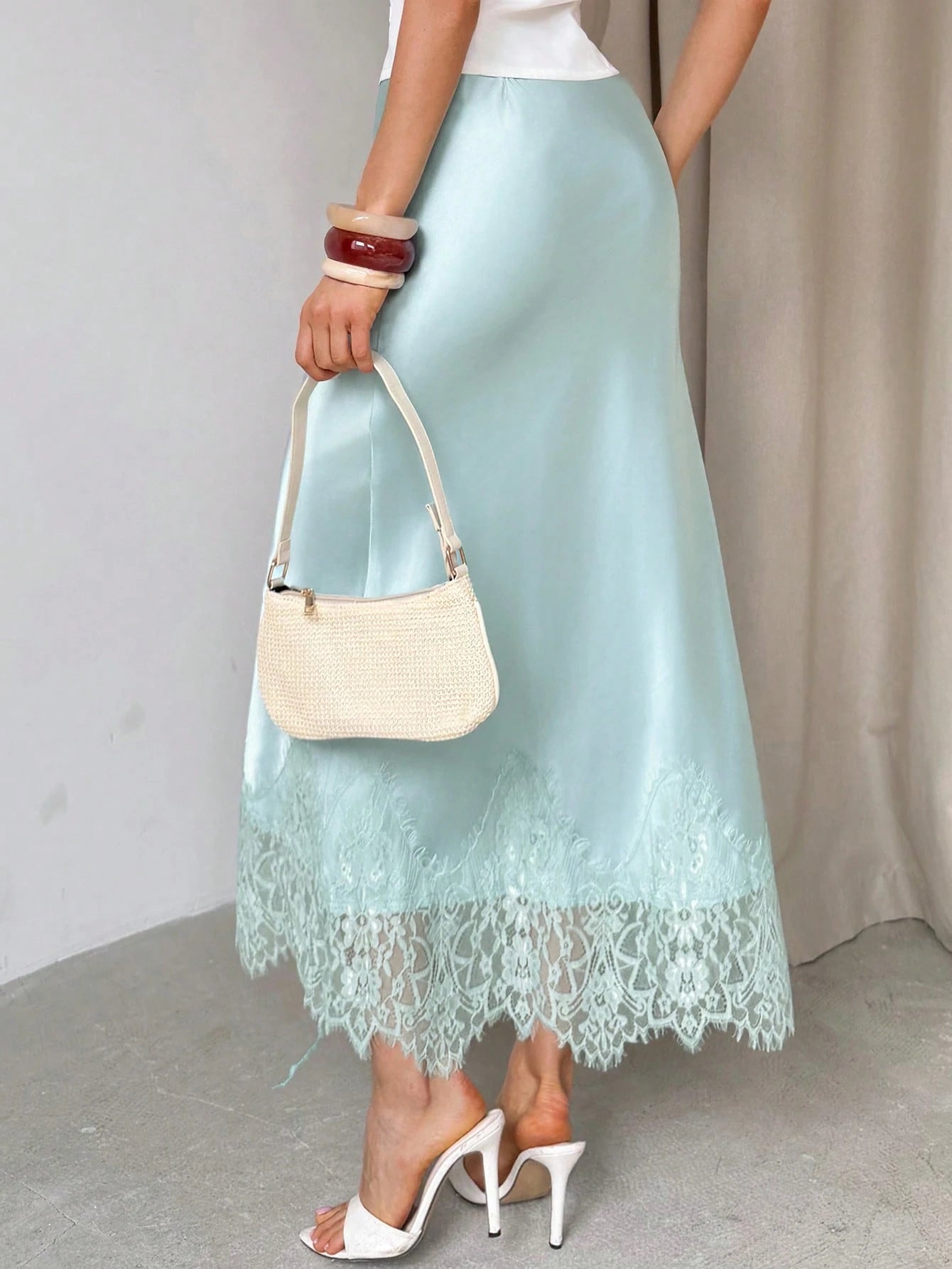 Firerie Summer Elegant Party Light Green High Waist Lace Patchwork Skirt For Women, Exquisite Minimalist Fashion Versatile Commuter Daily Date Skirt