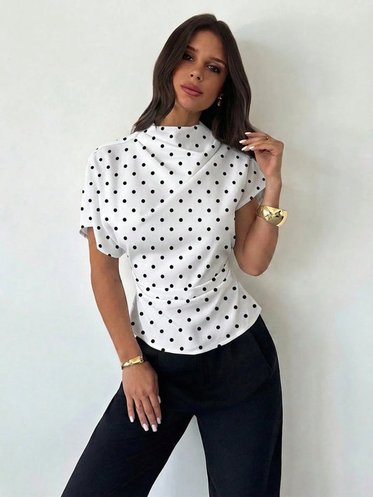 Firerie White And Black Polka Dot,Summer,Elegant,Office Ruched Collar Asymmetrical Sleeve Side Ruched Waist Blouse,Vintage French Riviera Holiday