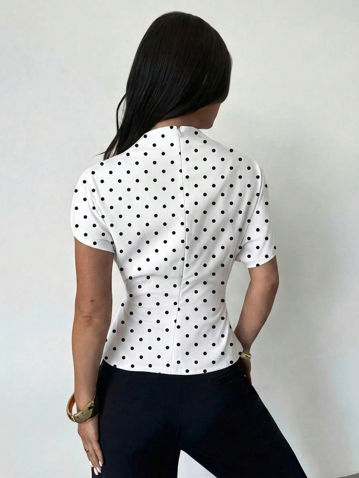 Firerie White And Black Polka Dot,Summer,Elegant,Office Ruched Collar Asymmetrical Sleeve Side Ruched Waist Blouse,Vintage French Riviera Holiday