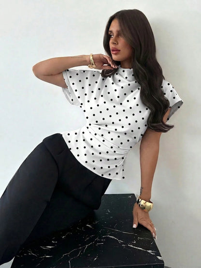 Firerie White And Black Polka Dot,Summer,Elegant,Office Ruched Collar Asymmetrical Sleeve Side Ruched Waist Blouse,Vintage French Riviera Holiday
