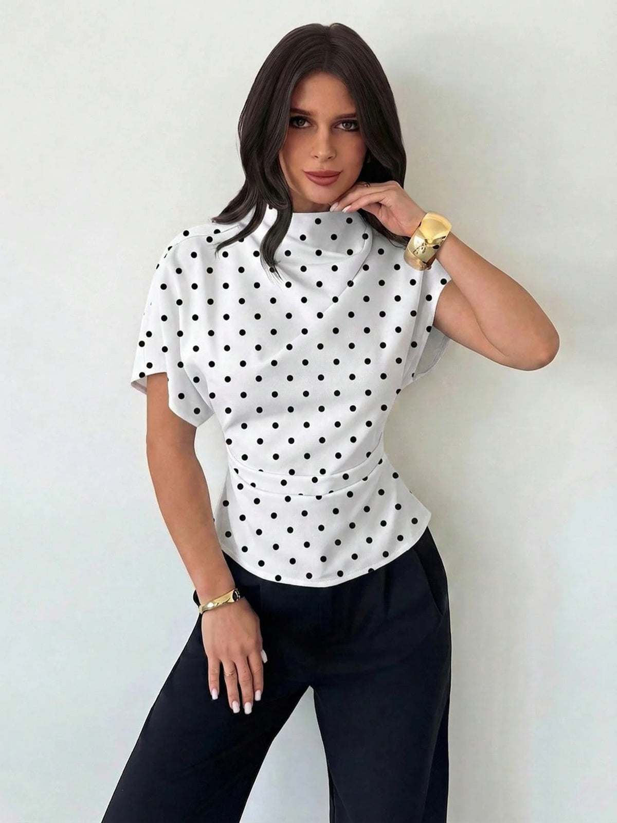 Firerie White And Black Polka Dot,Summer,Elegant,Office Ruched Collar Asymmetrical Sleeve Side Ruched Waist Blouse,Vintage French Riviera Holiday