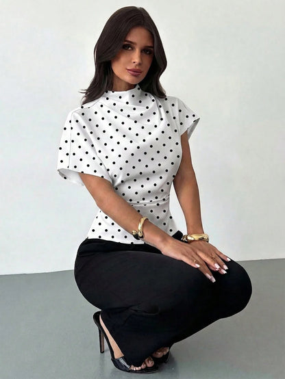 Firerie White And Black Polka Dot,Summer,Elegant,Office Ruched Collar Asymmetrical Sleeve Side Ruched Waist Blouse,Vintage French Riviera Holiday