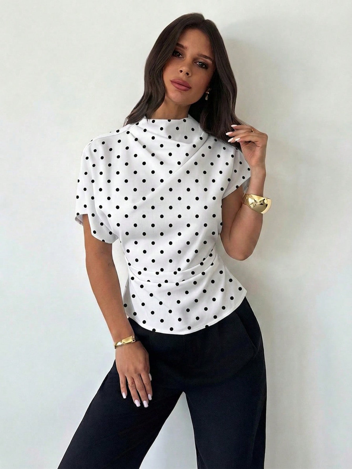 Firerie White And Black Polka Dot,Summer,Elegant,Office Ruched Collar Asymmetrical Sleeve Side Ruched Waist Blouse,Vintage French Riviera Holiday