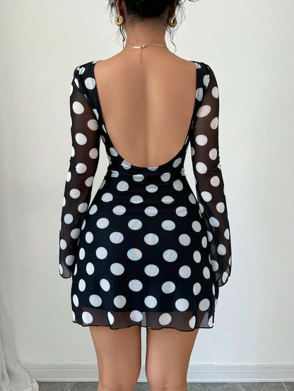 Firerie Women Black And White Polka Dot Backless Mesh Mini Dress With Flare Sleeves Night Out Club Autumn Sexy
