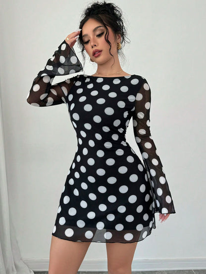 Firerie Women Black And White Polka Dot Backless Mesh Mini Dress With Flare Sleeves Night Out Club Autumn Sexy