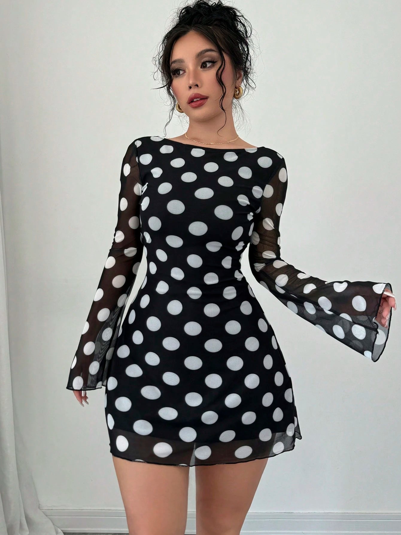 Firerie Women Black And White Polka Dot Backless Mesh Mini Dress With Flare Sleeves Night Out Club Autumn Sexy