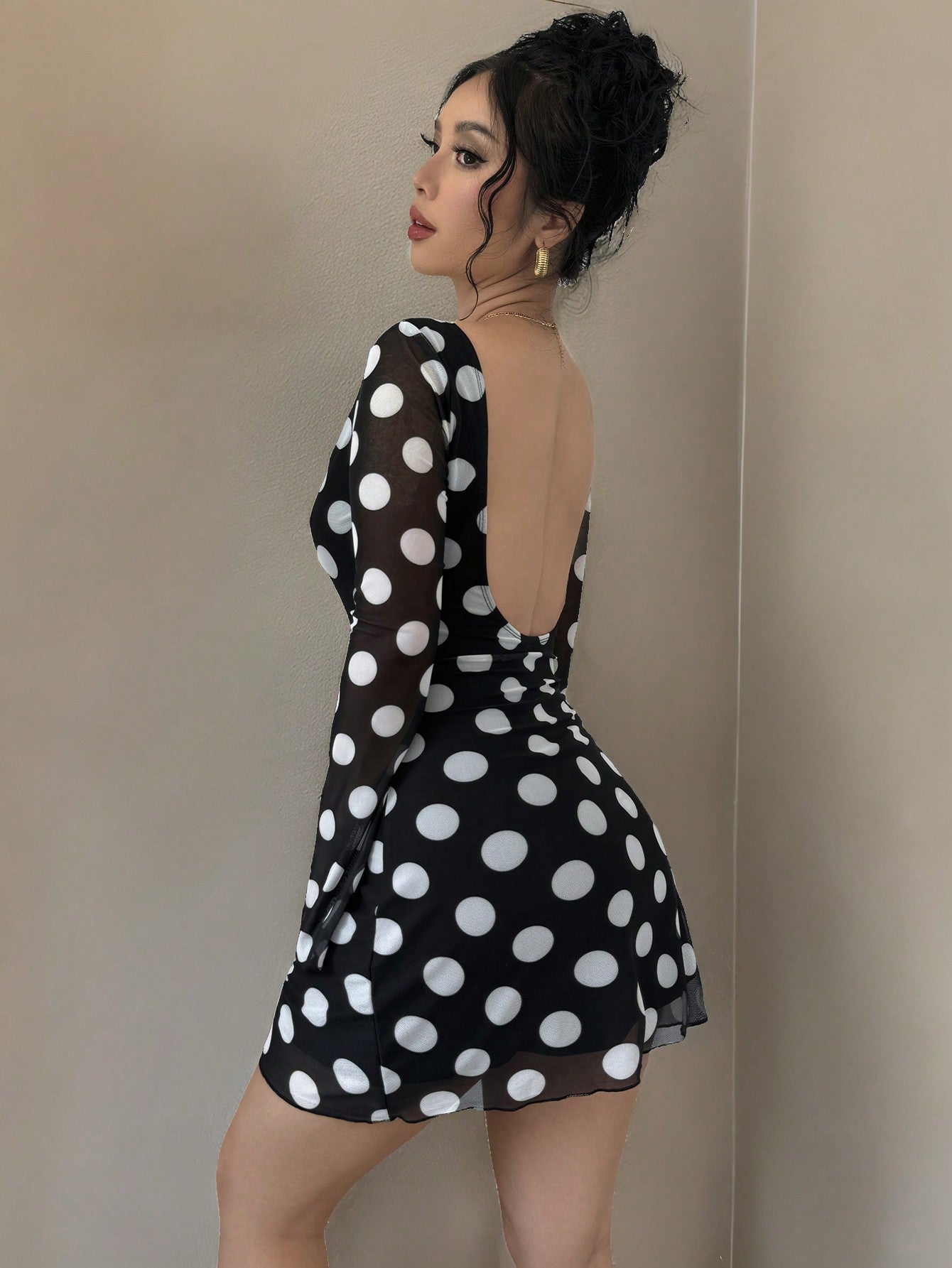 Firerie Women Black And White Polka Dot Backless Mesh Mini Dress With Flare Sleeves Night Out Club Autumn Sexy
