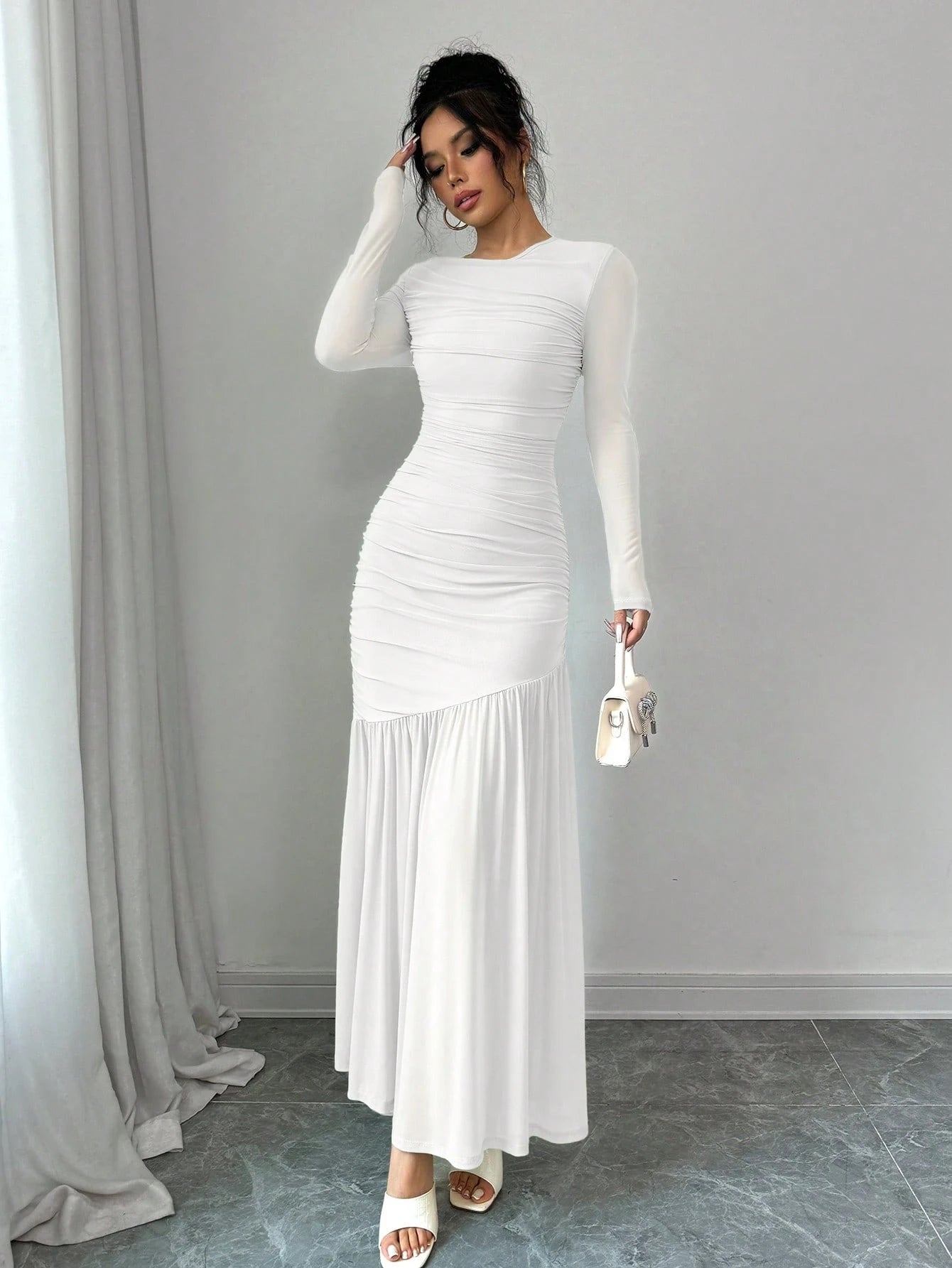 Firerie Women Mesh Long Sleeve Round Neck Long Dress, Autumn Casual Dress. Suitable For Autumn Clothing, Back To School Outfit, Teachers Dress