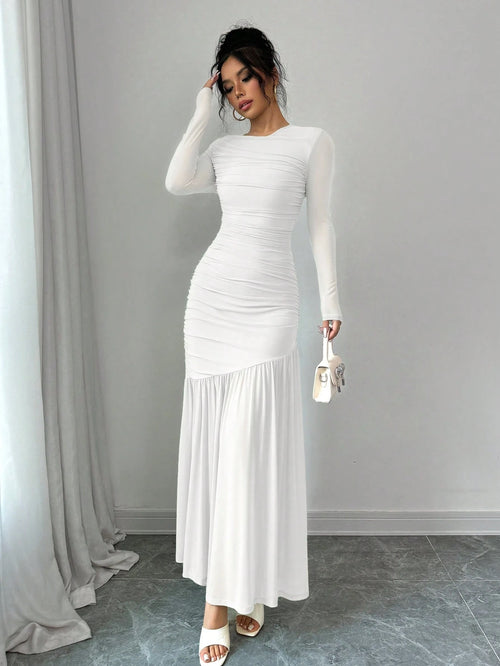 Firerie Women Mesh Long Sleeve Round Neck Long Dress, Autumn Casual Dress. Suitable For Autumn Clothing, Back To School Outfit, Teachers Dress