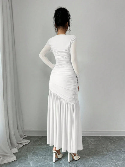 Firerie Women Mesh Long Sleeve Round Neck Long Dress, Autumn Casual Dress. Suitable For Autumn Clothing, Back To School Outfit, Teachers Dress