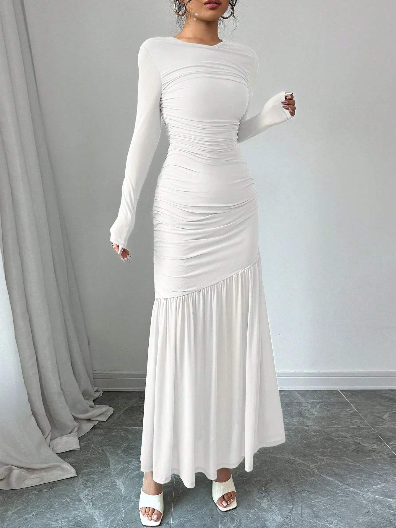 Firerie Women Mesh Long Sleeve Round Neck Long Dress, Autumn Casual Dress. Suitable For Autumn Clothing, Back To School Outfit, Teachers Dress