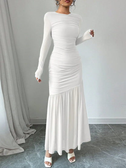 Firerie Women Mesh Long Sleeve Round Neck Long Dress, Autumn Casual Dress. Suitable For Autumn Clothing, Back To School Outfit, Teachers Dress
