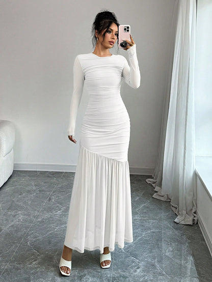 Firerie Women Mesh Long Sleeve Round Neck Long Dress, Autumn Casual Dress. Suitable For Autumn Clothing, Back To School Outfit, Teachers Dress