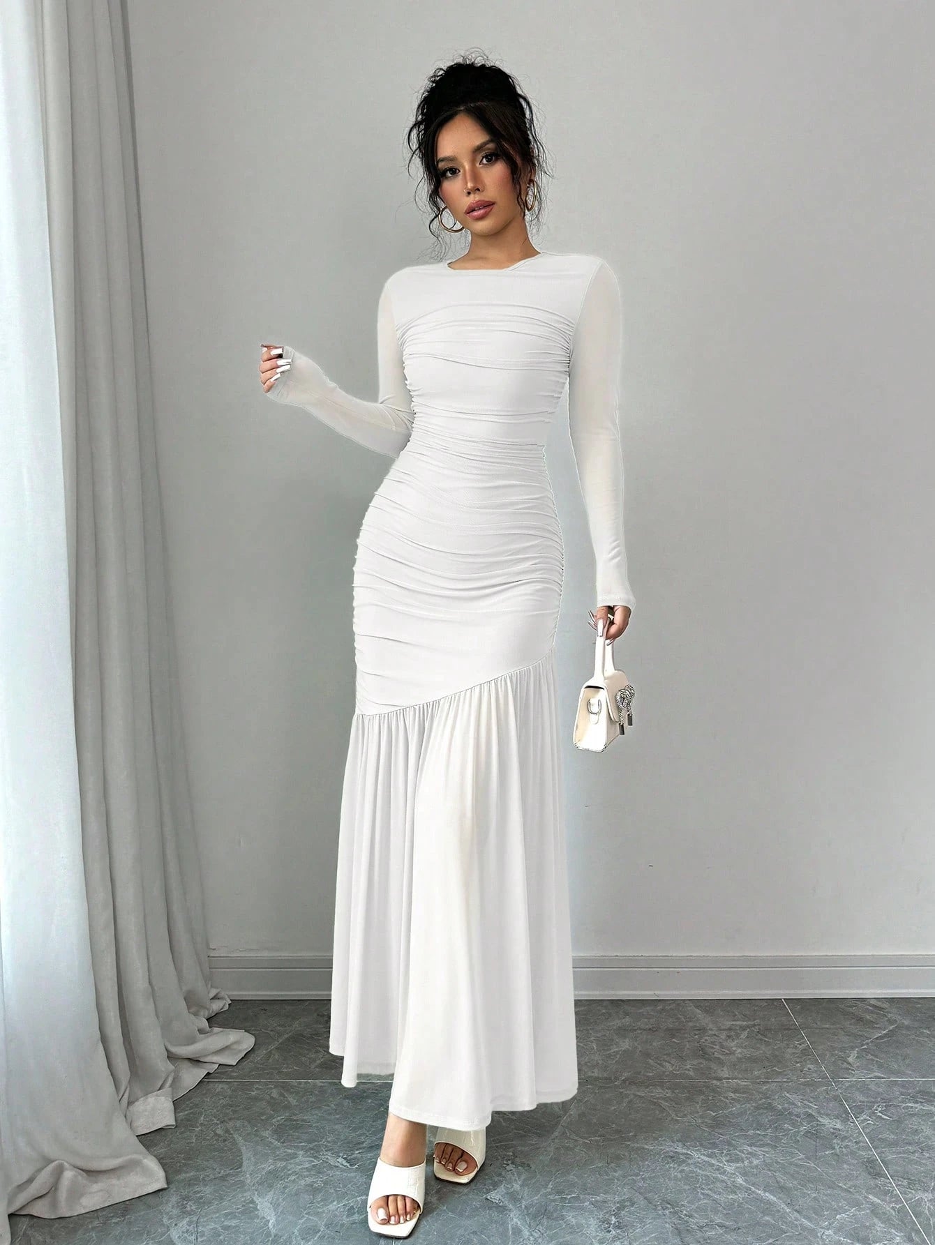 Firerie Women Mesh Long Sleeve Round Neck Long Dress, Autumn Casual Dress. Suitable For Autumn Clothing, Back To School Outfit, Teachers Dress