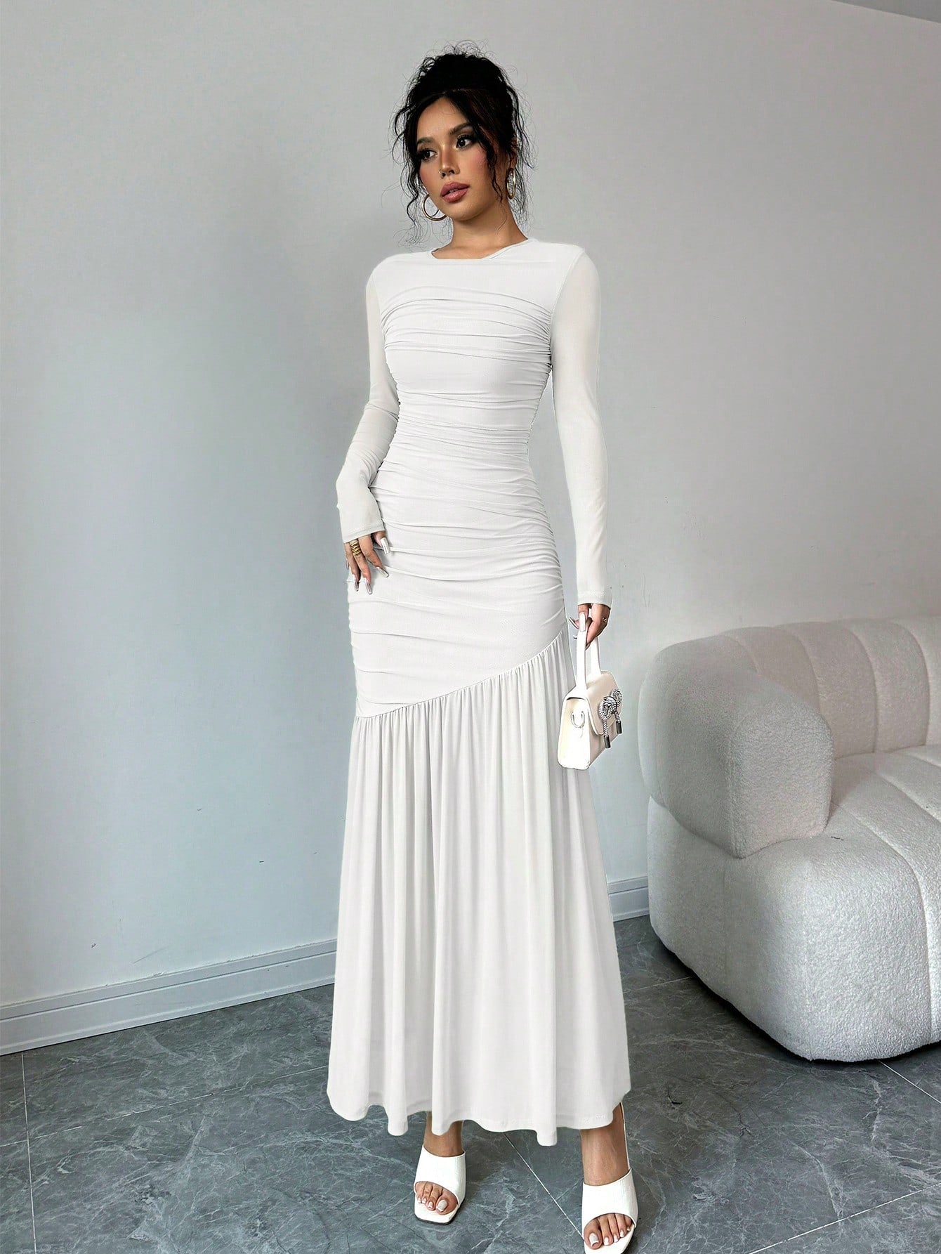 Firerie Women Mesh Long Sleeve Round Neck Long Dress, Autumn Casual Dress. Suitable For Autumn Clothing, Back To School Outfit, Teachers Dress