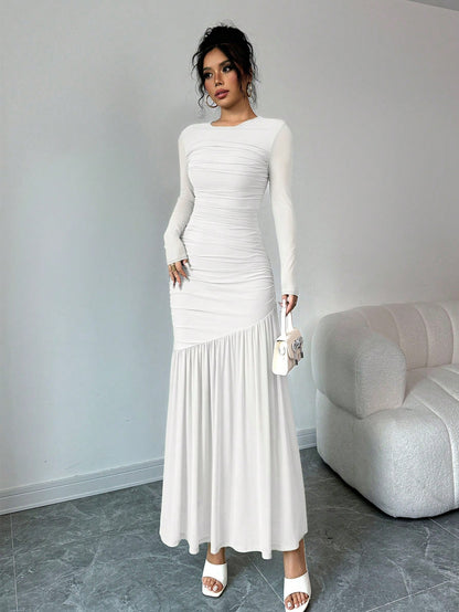 Firerie Women Mesh Long Sleeve Round Neck Long Dress, Autumn Casual Dress. Suitable For Autumn Clothing, Back To School Outfit, Teachers Dress