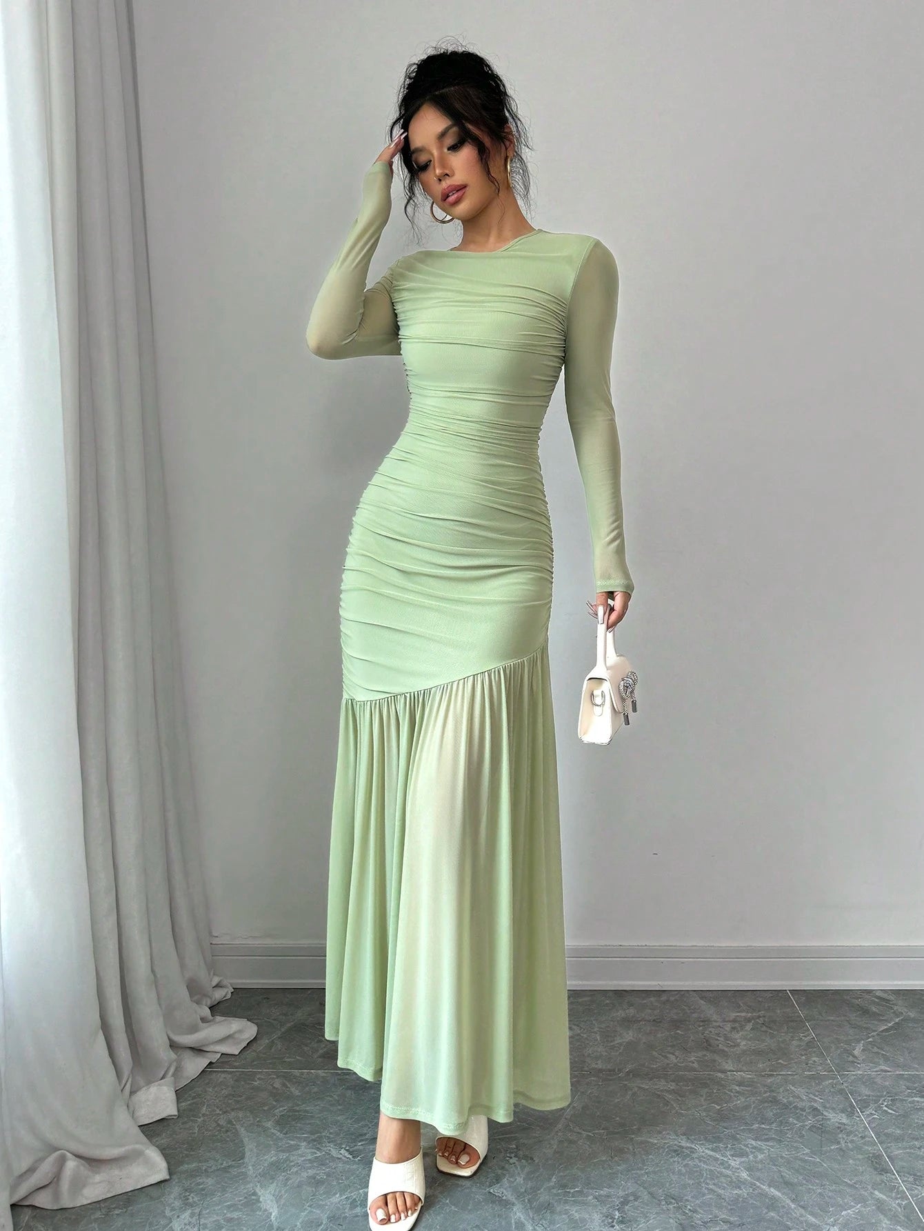 Firerie Women Mesh Long Sleeve Round Neck Long Dress, Autumn Casual Dress. Suitable For Autumn Clothing, Back To School Outfit, Teachers Dress