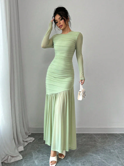 Firerie Women Mesh Long Sleeve Round Neck Long Dress, Autumn Casual Dress. Suitable For Autumn Clothing, Back To School Outfit, Teachers Dress