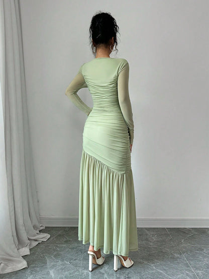 Firerie Women Mesh Long Sleeve Round Neck Long Dress, Autumn Casual Dress. Suitable For Autumn Clothing, Back To School Outfit, Teachers Dress