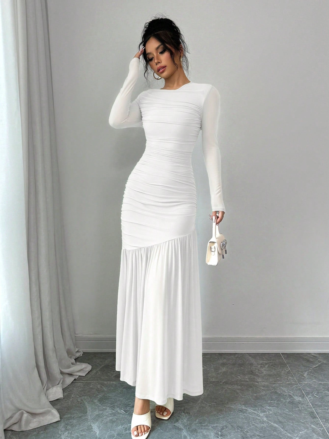 Firerie Women Mesh Long Sleeve Round Neck Long Dress, Autumn Casual Dress. Suitable For Autumn Clothing, Back To School Outfit, Teachers Dress