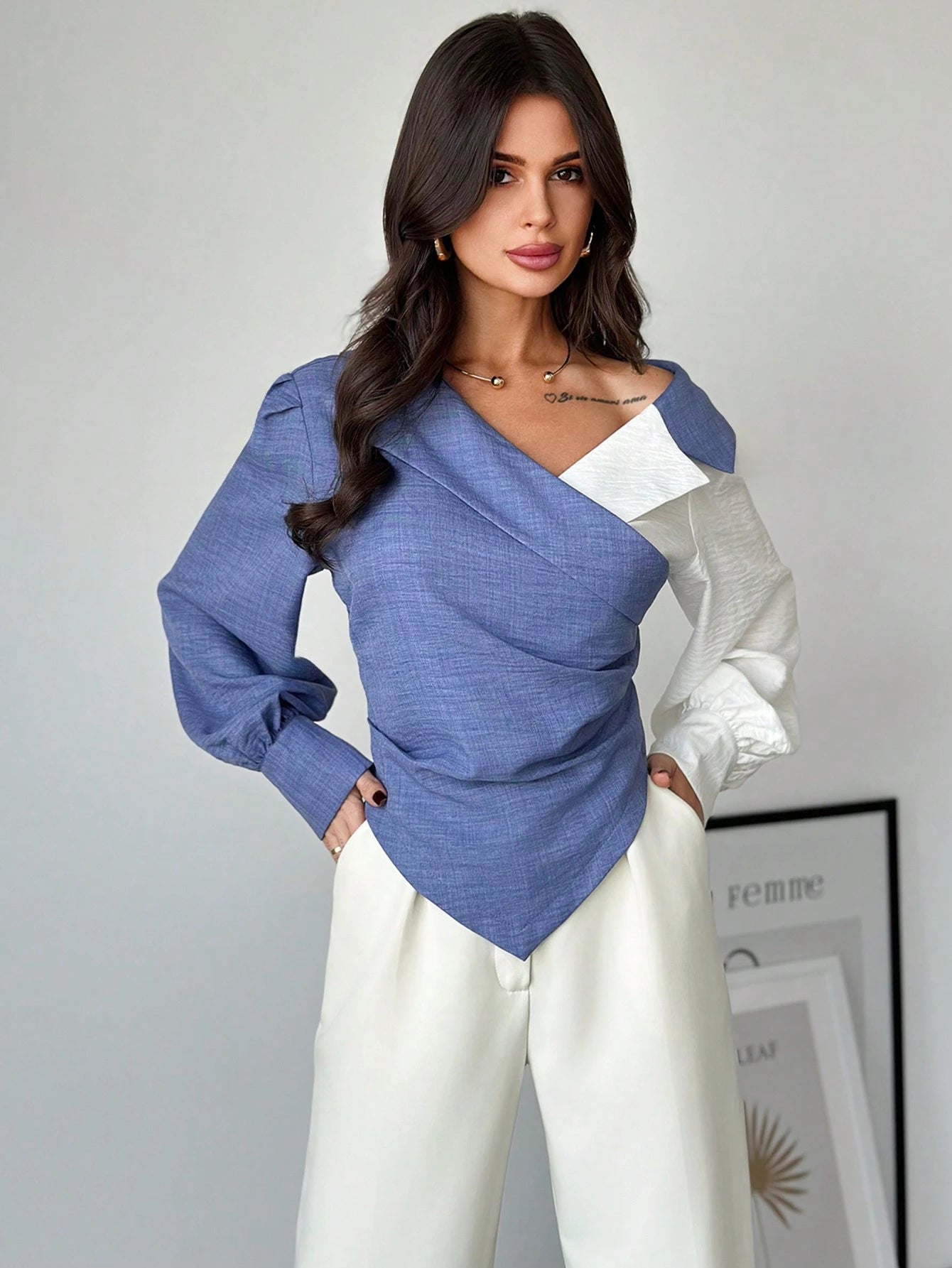 Firerie Women's Autumn Color Block Ruched Asymmetric Hem Fashion Long Sleeve Blouse Fashion Clothing Fall Tops Autumn Clothes