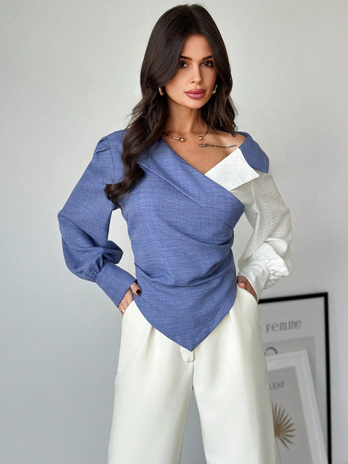 Firerie Women's Autumn Color Block Ruched Asymmetric Hem Fashion Long Sleeve Blouse Fashion Clothing Fall Tops Autumn Clothes