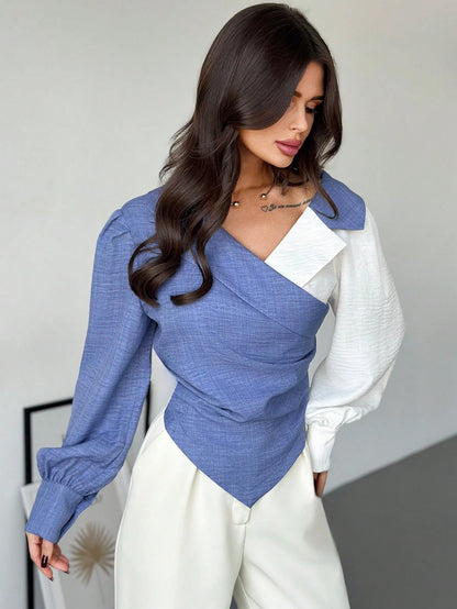 Firerie Women's Autumn Color Block Ruched Asymmetric Hem Fashion Long Sleeve Blouse Fashion Clothing Fall Tops Autumn Clothes