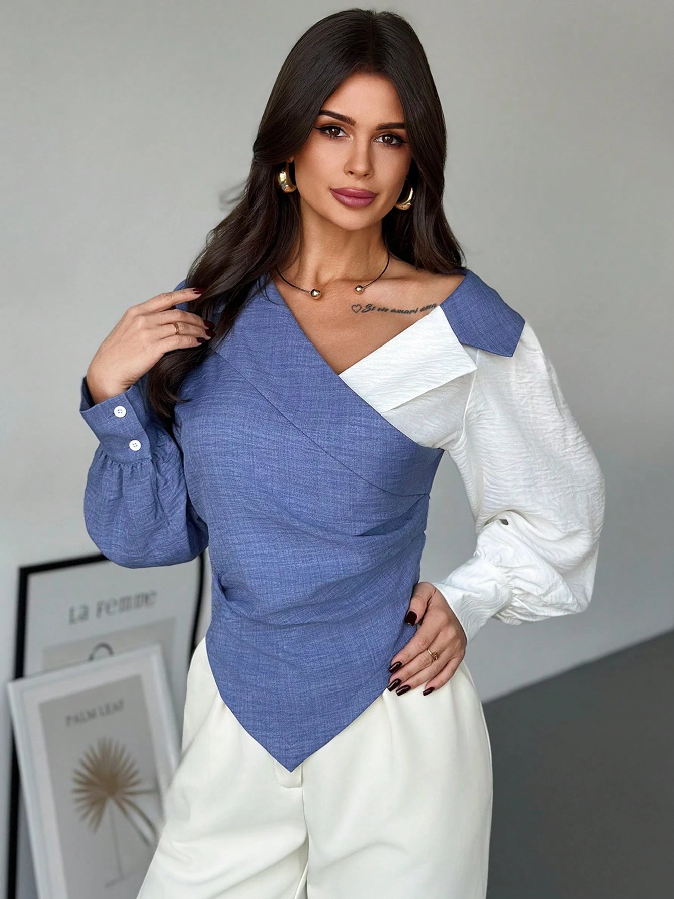 Firerie Women's Autumn Color Block Ruched Asymmetric Hem Fashion Long Sleeve Blouse Fashion Clothing Fall Tops Autumn Clothes